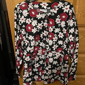 UA Scrubs Black Top with Red and White Floral Pattern